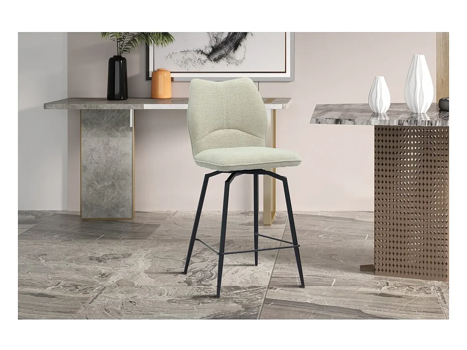 Meublorama Cadeira de balcão giratória CROFT – Tecido cru – Pés de metal preto – Altura 103 cm – Estilo design/industrial^ Banco