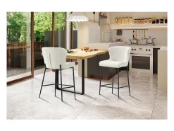 Banco|Meublorama Cadeira de balcão LISE – Tecido bouclé na cor cru – Pés em metal preto – Estilo design/industrial Branco