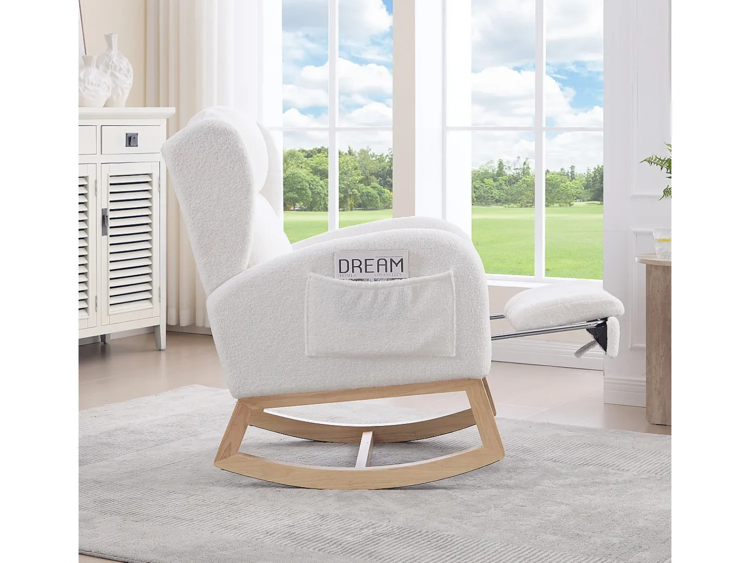 Poltrona|Hauss Spole Cadeira de baloiço branca com bolsos laterais, apoio para os pés ajustável, estrutura em madeira 122,5x70x104cm Branco