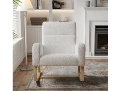 Poltrona* Cadeira de baloiço, cadeira de relaxamento, cadeira de estar, braços, com bolsos e pernas em madeira, Teddy em veludo, carga máxima: 150 kg Bege