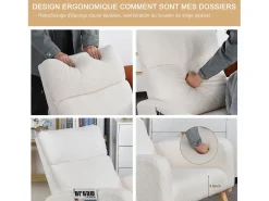 Poltrona* Cadeira de baloiço, cadeira de relaxamento, cadeira de estar, braços, com bolsos e pernas em madeira, Teddy em veludo, carga máxima: 150 kg Bege