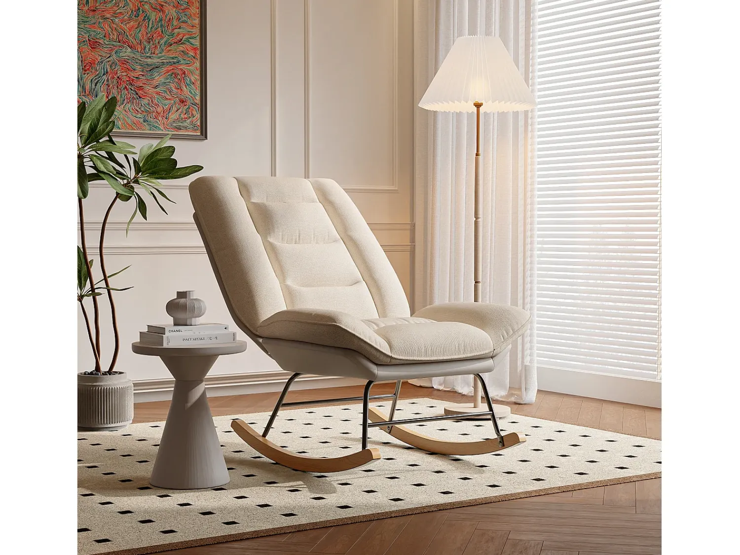 Hot Cadeira de baloiço estofada com encosto ajustável para sala de estar - quarto, varanda - 90 x 77 x 98 cm Bege