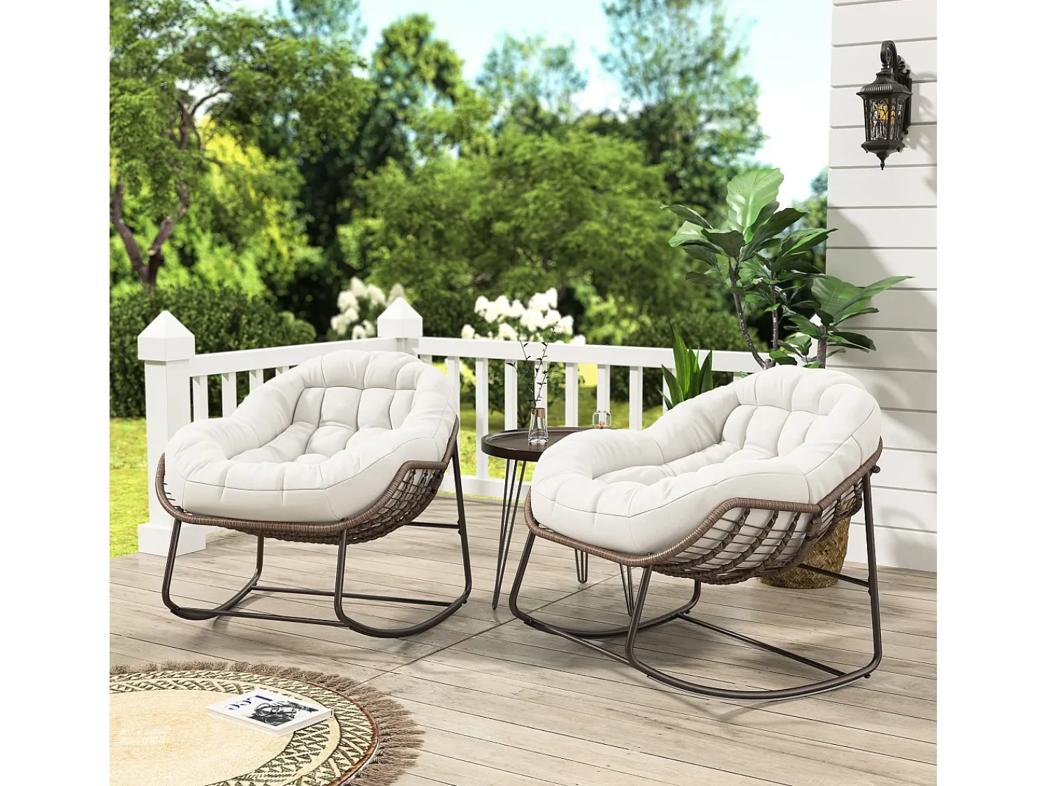Poltrona* Cadeira relaxante, Cadeira de baloiço simples em vime, Cadeira em vime tecida à mão, Vime, Tecido impermeável, , 90 x 105 x 80 cm Bege