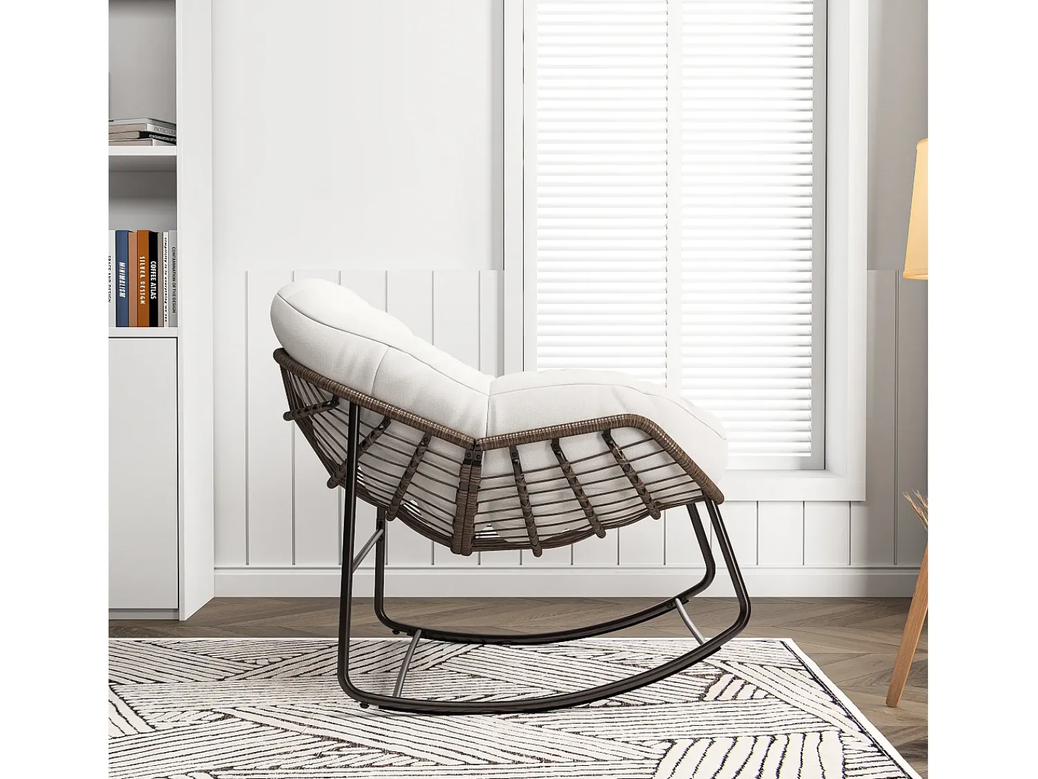 Poltrona* Cadeira relaxante, Cadeira de baloiço simples em vime, Cadeira em vime tecida à mão, Vime, Tecido impermeável, , 90 x 105 x 80 cm Bege