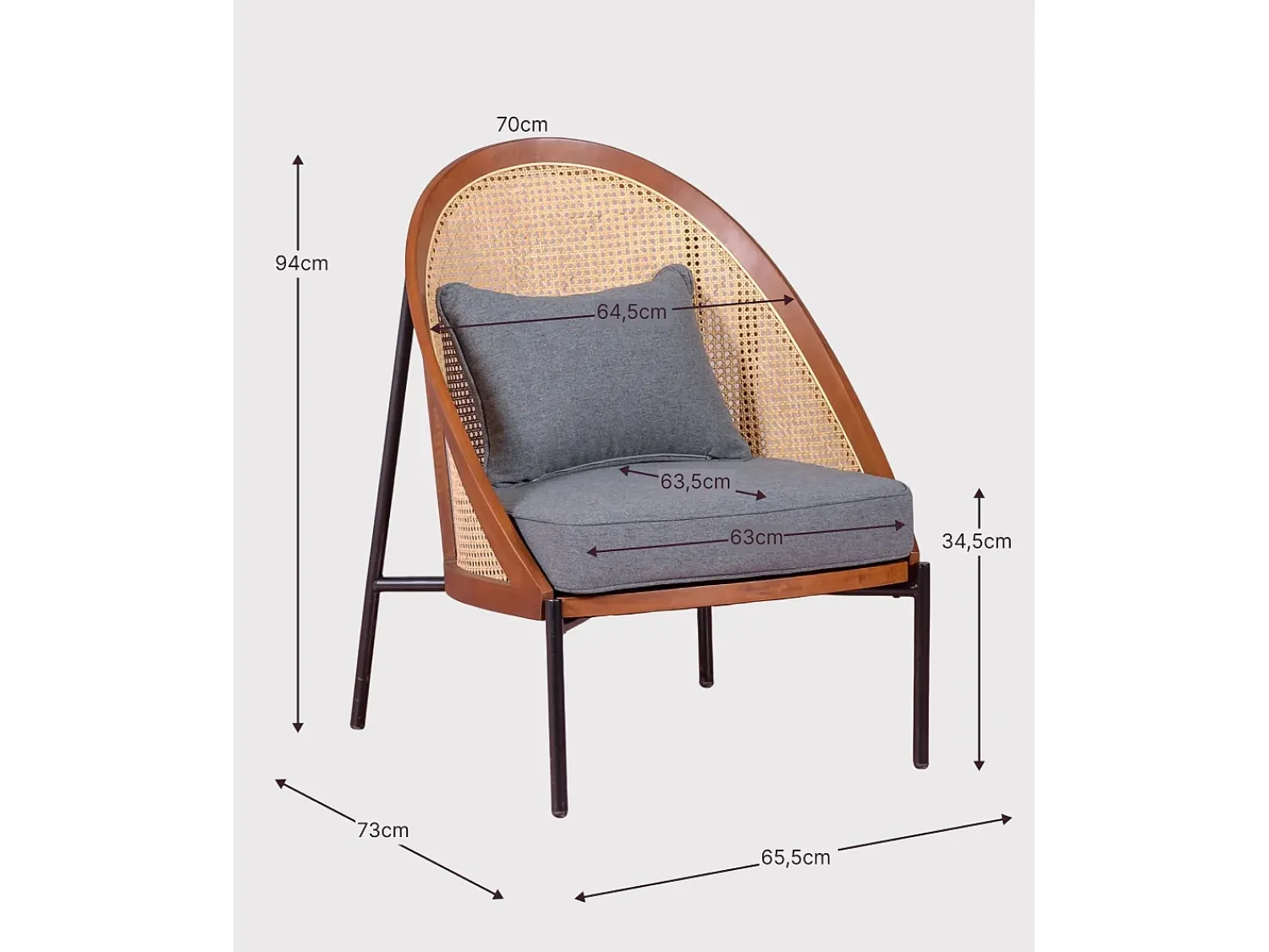 Poltrona|Nest Dream Cadeirão retro vintage em madeira de nogueira e rotim natural - Robín - Noz Natural escuro