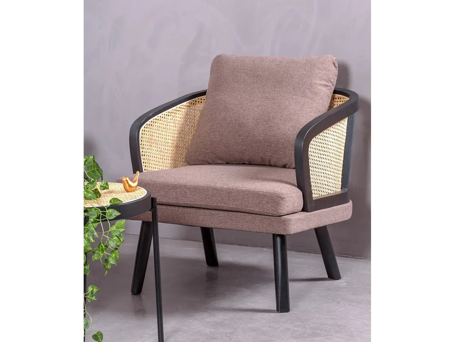 Outlet Nest Dream Cadeirão retro vintage em rotim natural e almofada de algodão - Leeds - Preto