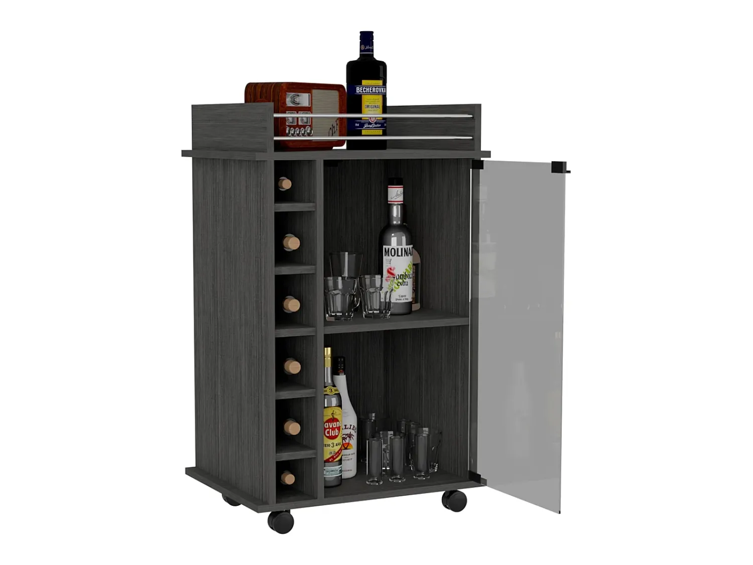 Móvel De Bar|TuHome Carrinho de bar Dukat com rodas e porta de vidro , 88.9 cm X 54.86 cm X 41.40 cm , Cinzento