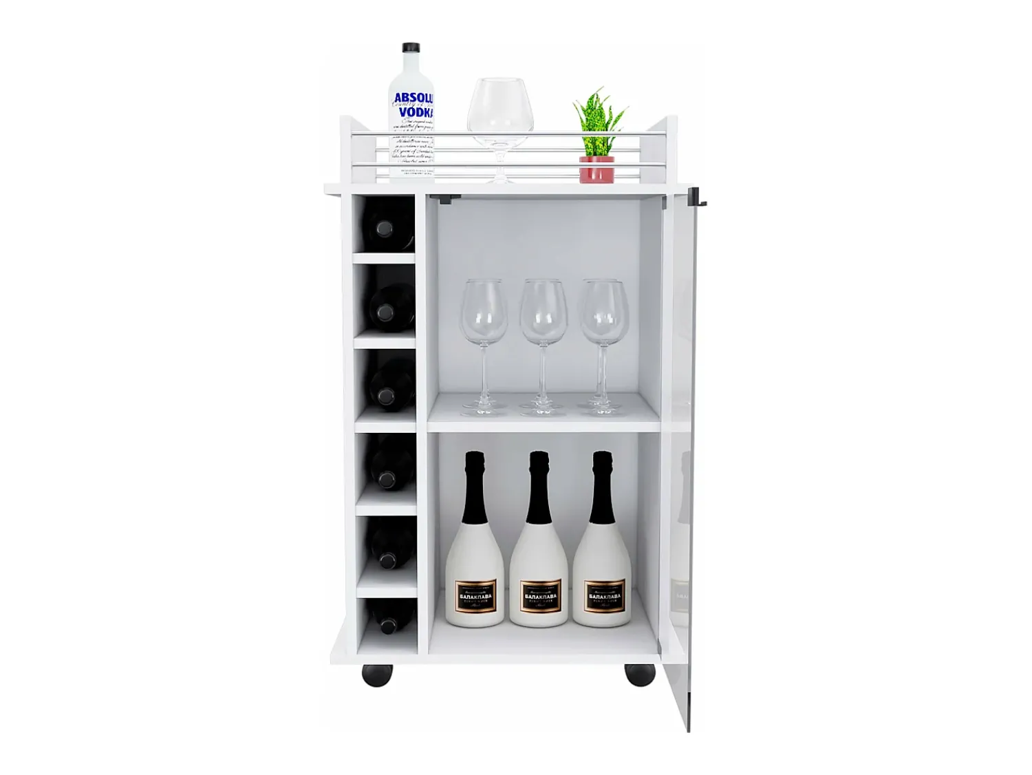 Acessórios De Arrumação|Acessório Vinho E Bar*TuHome Carrinho de bar Dukat em melamina com 6 prateleiras para garrafas, 3 prateleiras e 4 rodas, , 89 cm X 55 cm X 41.5 cm Branco