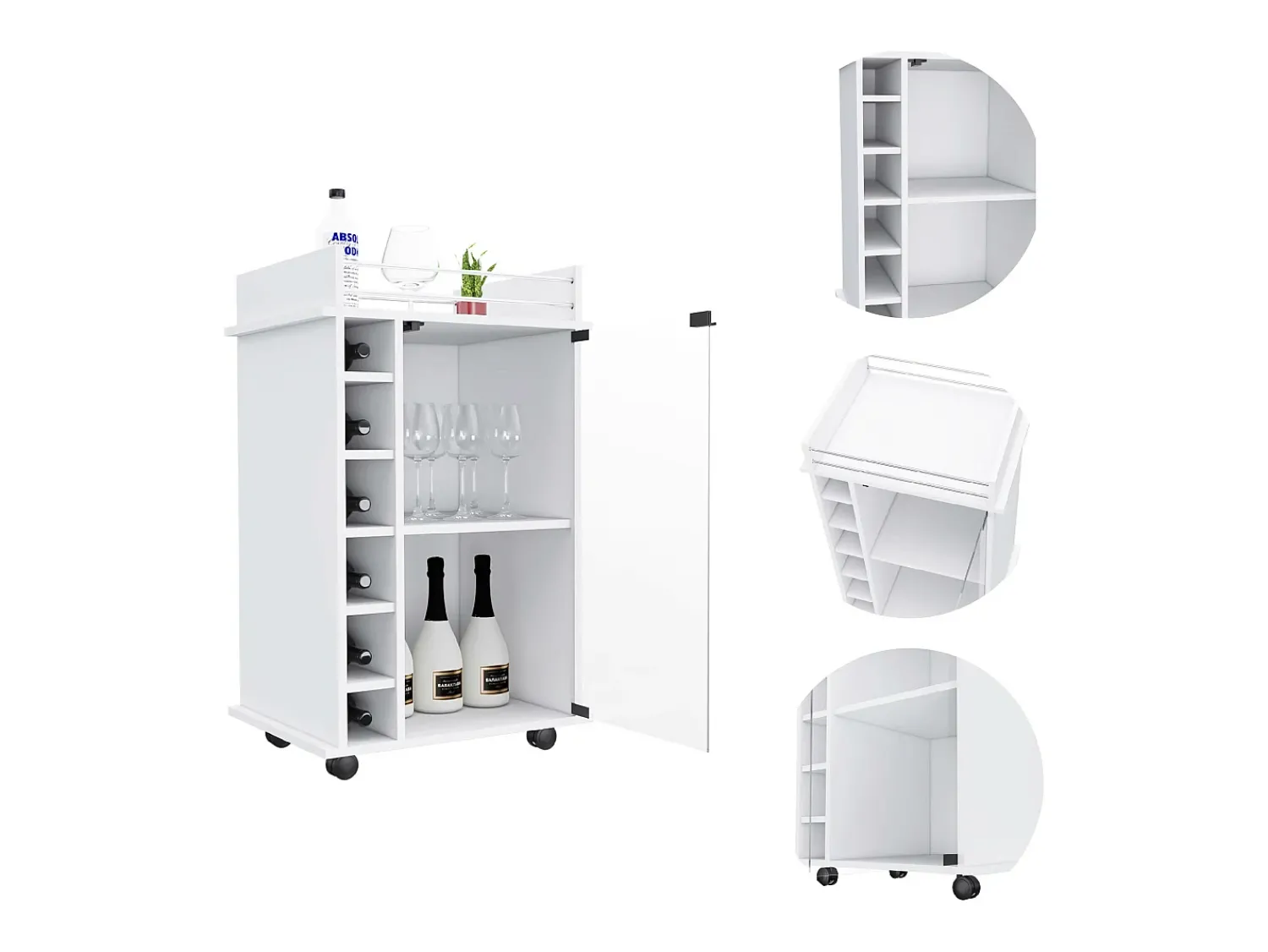 Acessórios De Arrumação|Acessório Vinho E Bar*TuHome Carrinho de bar Dukat em melamina com 6 prateleiras para garrafas, 3 prateleiras e 4 rodas, , 89 cm X 55 cm X 41.5 cm Branco