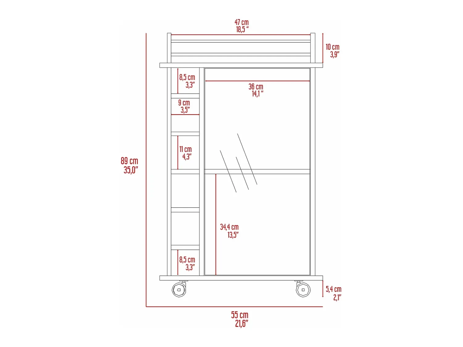 Acessórios De Arrumação|Acessório Vinho E Bar*TuHome Carrinho de bar Dukat em melamina com 6 prateleiras para garrafas, 3 prateleiras e 4 rodas, , 89 cm X 55 cm X 41.5 cm Branco
