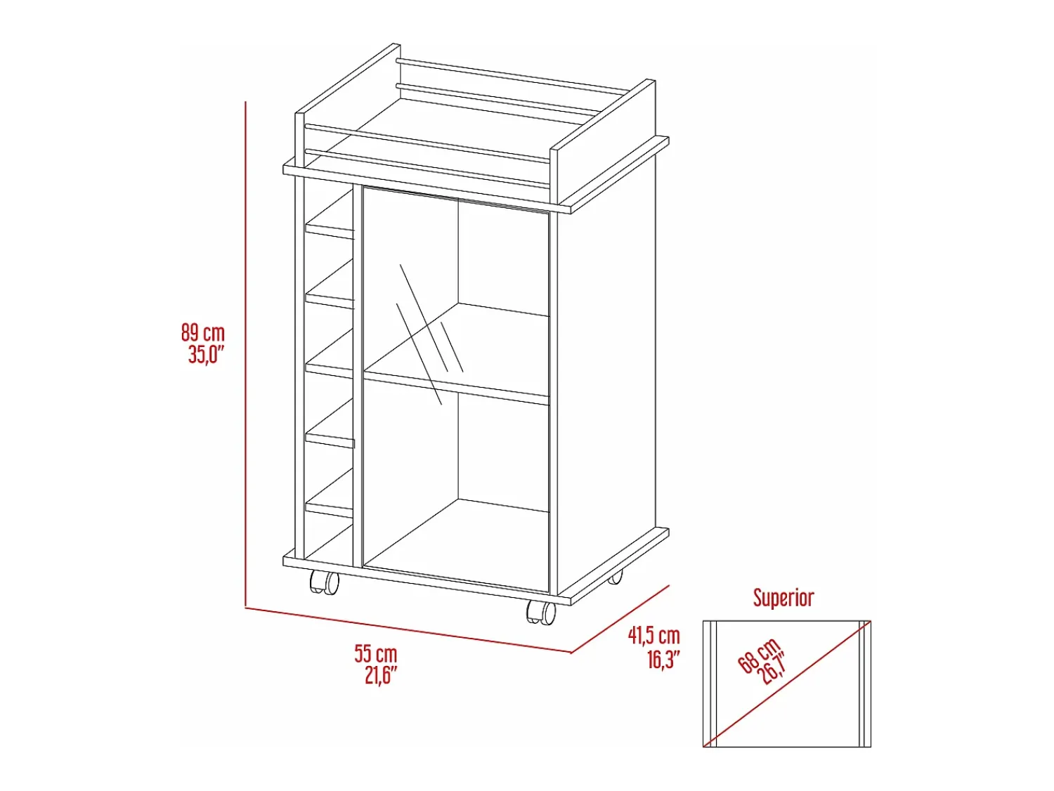 Acessórios De Arrumação|Acessório Vinho E Bar*TuHome Carrinho de bar Dukat em melamina com 6 prateleiras para garrafas, 3 prateleiras e 4 rodas, , 89 cm X 55 cm X 41.5 cm Branco