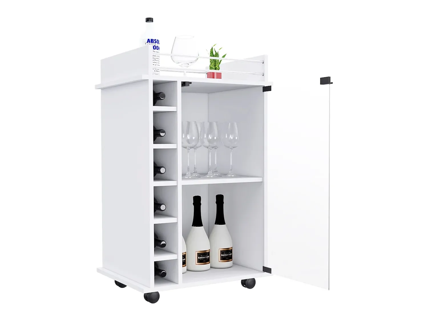 Acessórios De Arrumação|Acessório Vinho E Bar*TuHome Carrinho de bar Dukat em melamina com 6 prateleiras para garrafas, 3 prateleiras e 4 rodas, , 89 cm X 55 cm X 41.5 cm Branco