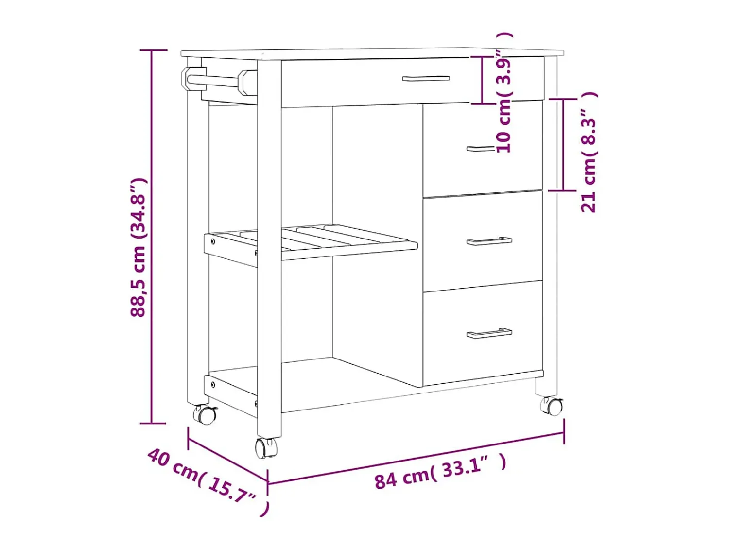 vidaxl Carrinho de cozinha MONZA 84x40x88,5 cm madeira de pinho maciça Cinzento