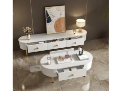 Móvel De Tv| Combinação de armário de TV e mesa de centro com gavetas e cantos arredondados. Design leve e luxuoso para a sala de estar. Branco