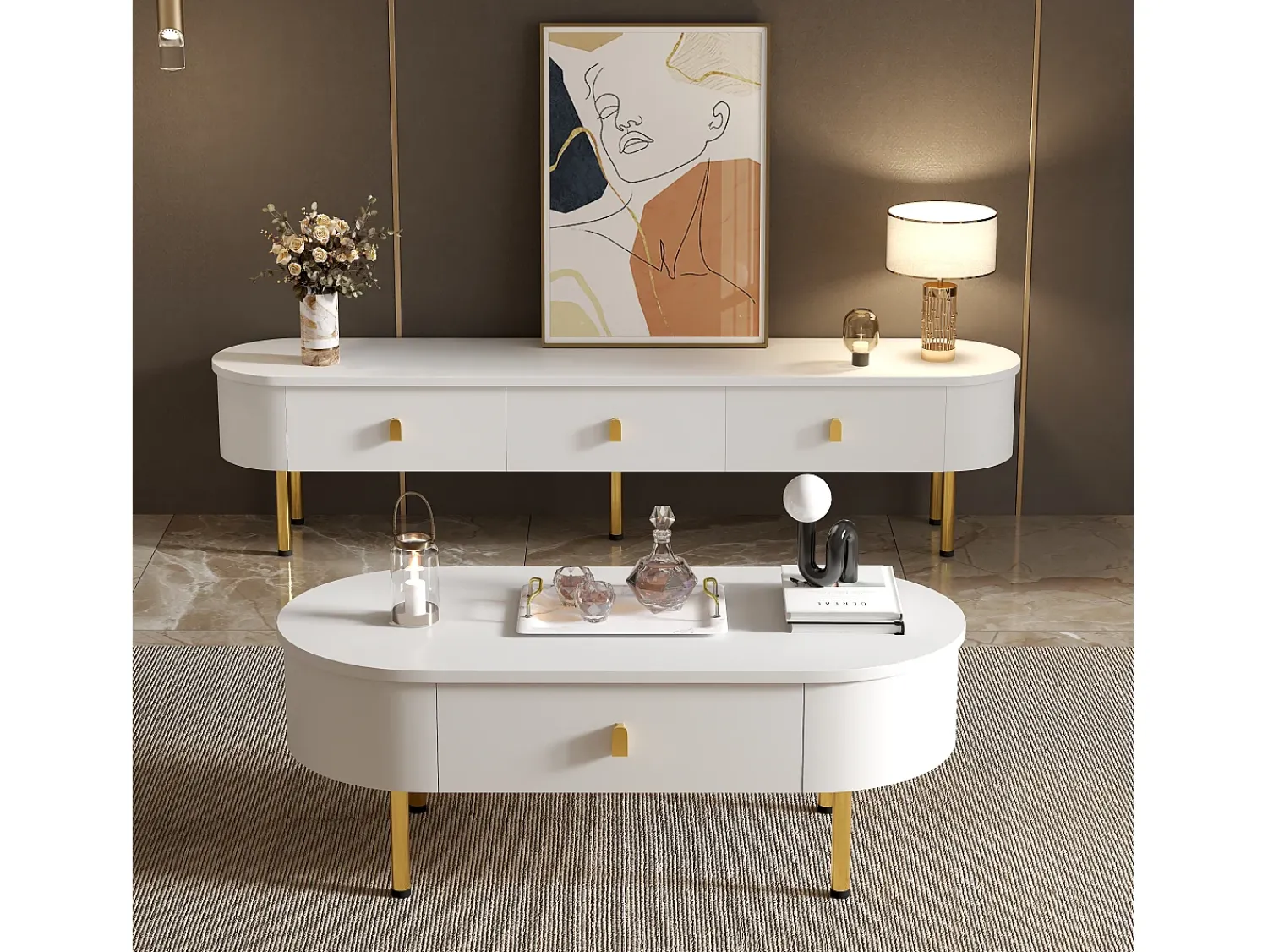 Móvel De Tv| Combinação de armário de TV e mesa de centro com gavetas e cantos arredondados. Design leve e luxuoso para a sala de estar. Branco