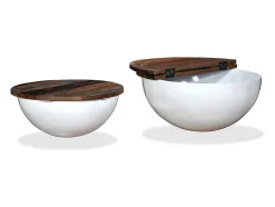 New Conj. mesas centro 2 pcs madeira reciclada forma tigela Branco