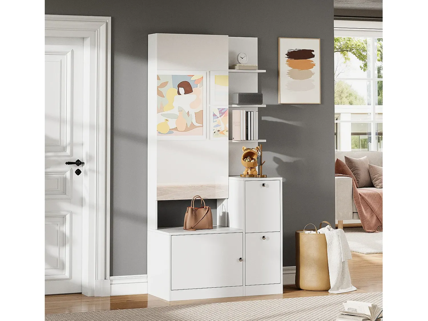 Móvel De Entrada|ModernLuxe Conjunto cabideiro de entrada 85x40x180 cm - con espelho e 2 organizadores de sapatos - 2 portas - prateleiras abertas - Branco