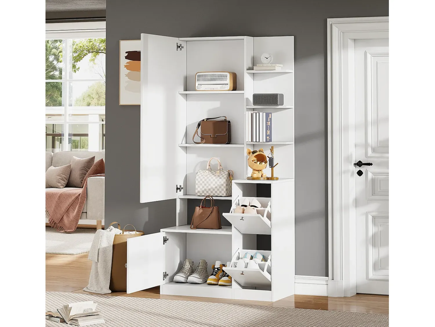 Móvel De Entrada|ModernLuxe Conjunto cabideiro de entrada 85x40x180 cm - con espelho e 2 organizadores de sapatos - 2 portas - prateleiras abertas - Branco