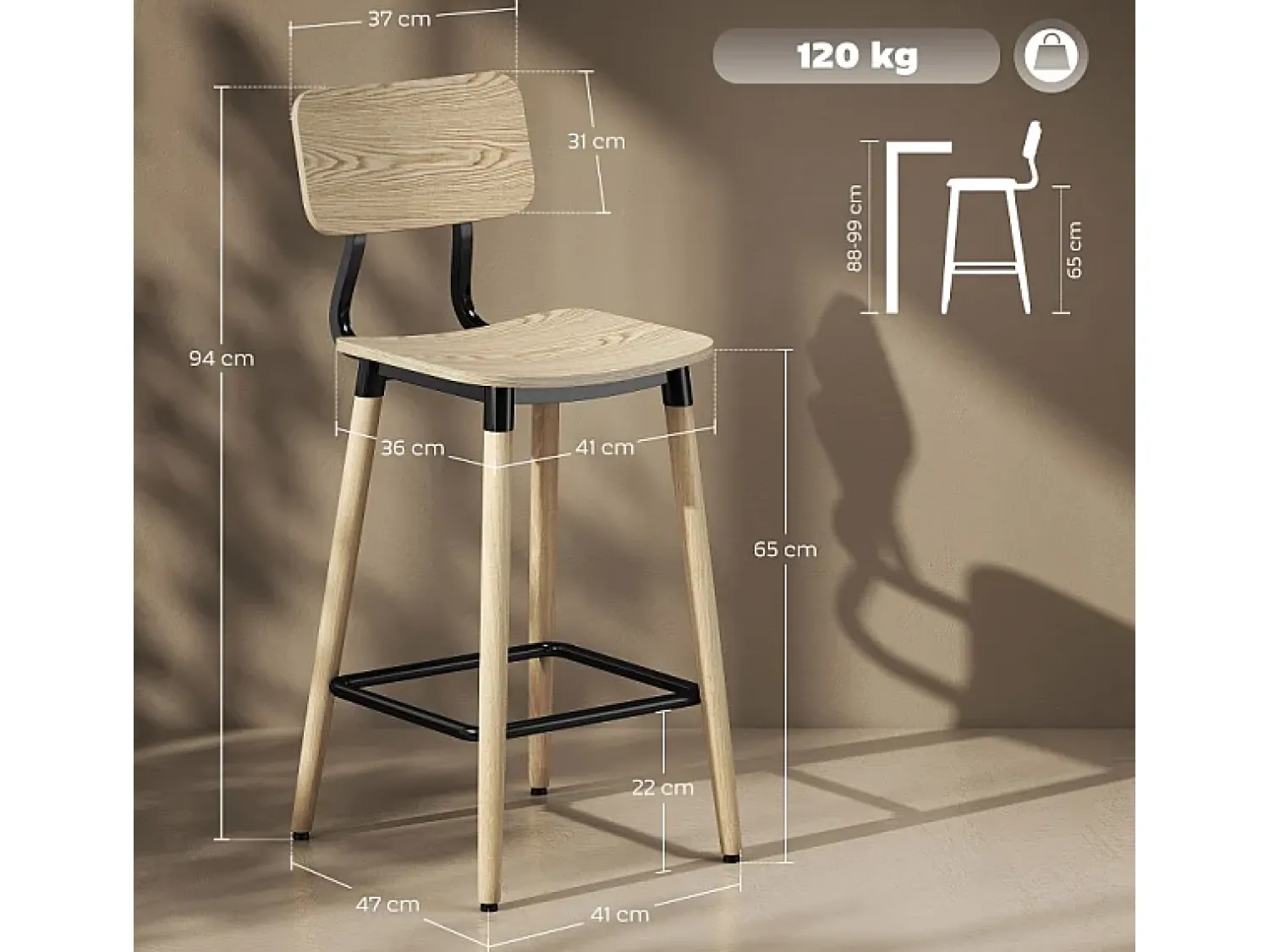 Banco| Conjunto de 2 bancos altos, com encosto e apoio para os pés, pés de aço, para cozinha, sala de estar, natural Natural claro