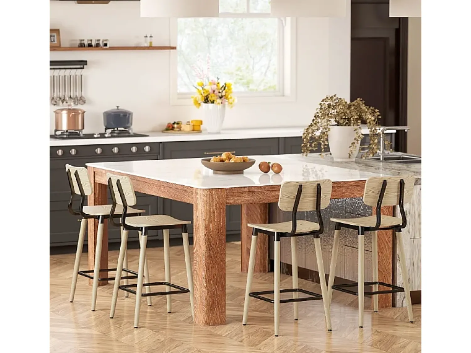 Banco| Conjunto de 2 bancos altos, com encosto e apoio para os pés, pés de aço, para cozinha, sala de estar, natural Natural claro