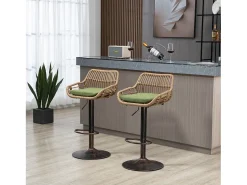 Banco|Hauss Spole Conjunto de 2 banquetas ajustáveis ​​- Estrutura em metal e encosto em rattan - Almofada de linho Verde