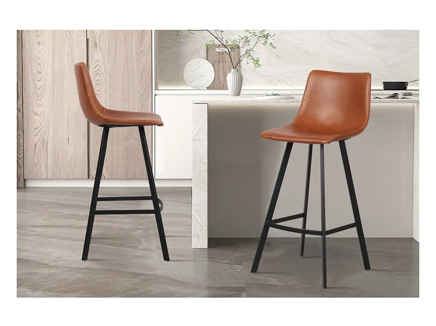 Hot Meublorama Conjunto de 2 banquetas de bar OZON – Cor Cognac – Assento em PU – Conforto moderno e estilo elegante Castanho