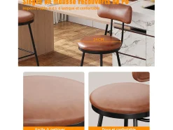 Conjunto de 4 cadeiras de bar com encosto, couro sintético marrom, altura do assento 65 cm Castanho