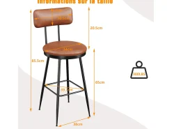 Banco| Conjunto de 4 cadeiras de bar – Encosto, couro sintético marrom, altura 65 cm Castanho