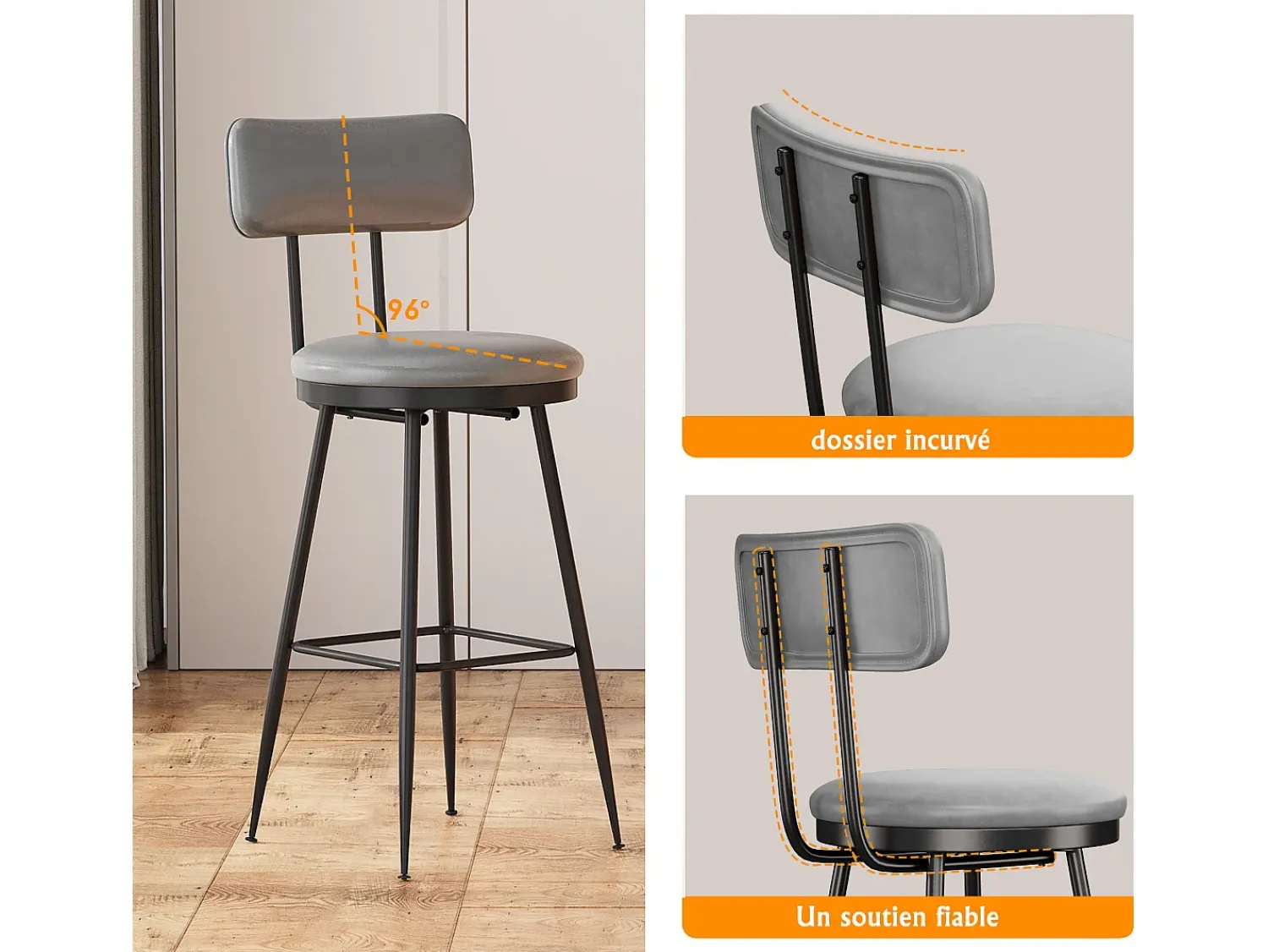 Sale Conjunto de 4 cadeiras de bar – cinza, estilo industrial, encosto, altura 65 cm Cinzento