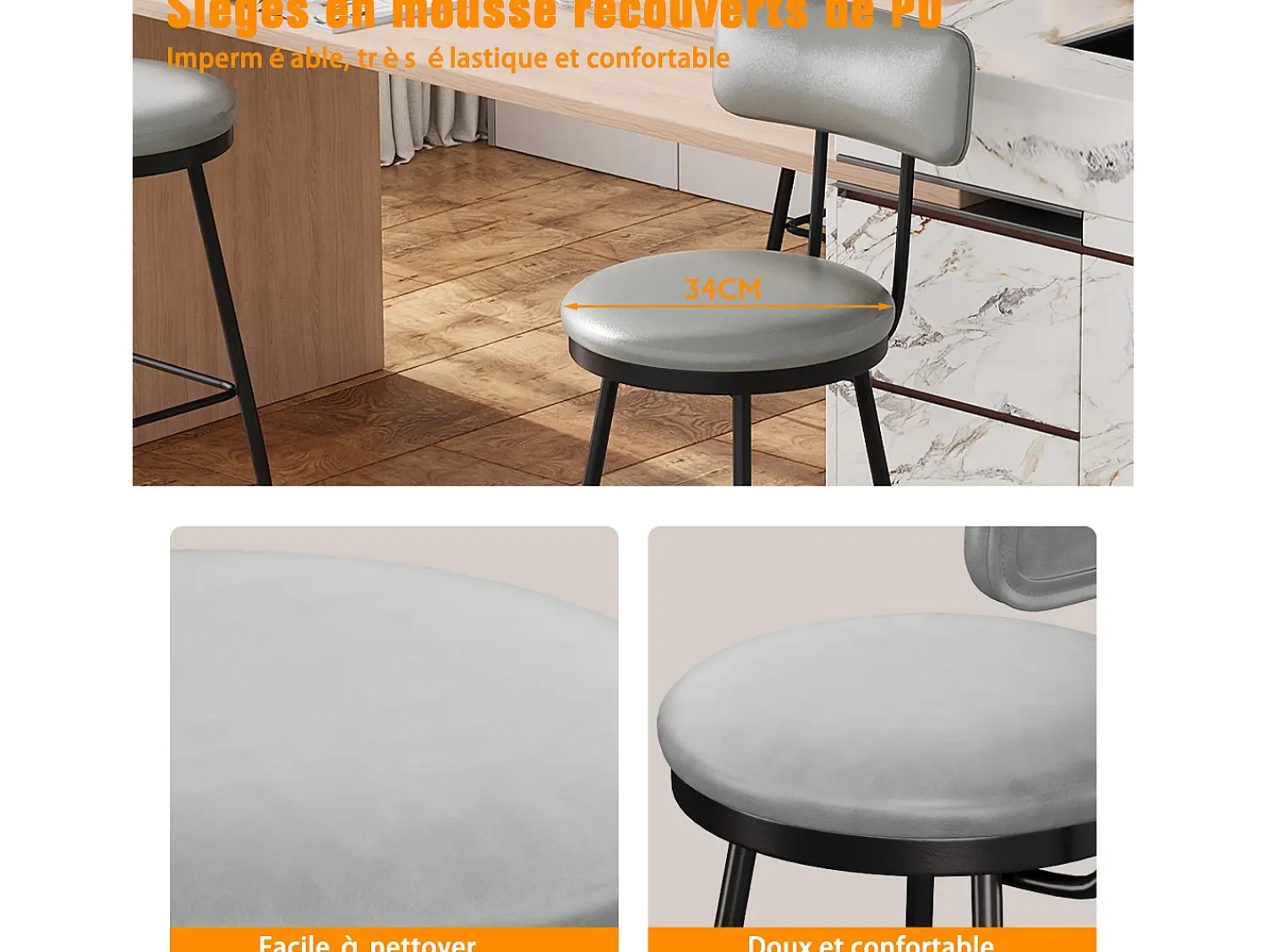 Sale Conjunto de 4 cadeiras de bar – cinza, estilo industrial, encosto, altura 65 cm Cinzento