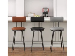 Banco* Conjunto de 2 cadeiras de bar – cinza, estilo industrial, encosto, couro sintético, altura 65 cm Cinzento