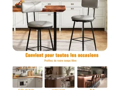 Banco* Conjunto de 2 cadeiras de bar – cinza, estilo industrial, encosto, couro sintético, altura 65 cm Cinzento