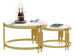 Mesa De Centro*ModernLuxe Conjunto de 2 mesas de centro encaixáveis ​​​​- efeito mármore - estrutura metálica - e Dourado Branco