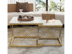 Online Merax Conjunto de 2 mesas de centro quadradas - 60x60x45 +45x45x40 cm - Efeito mármore - Madeira MDF e metal - + dourado Branco