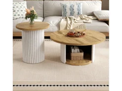 Merax Conjunto de 2 mesas de centro com tampos de madeira - mesa de sala de estar com espaço de armazenamento - MDF - cor natural^ Mesa De Centro