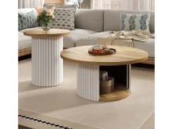 Merax Conjunto de 2 mesas de centro com tampos de madeira - mesa de sala de estar com espaço de armazenamento - MDF - cor natural^ Mesa De Centro