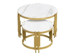 Conjunto de 2 mesas de centro encaixáveis, mesa redonda, efeito mármore, estrutura em metal dourado, D71,5x44+P51,5x37cm^ Mesa De Centro