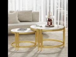 Conjunto de 2 mesas de centro encaixáveis, mesa redonda, efeito mármore, estrutura em metal dourado, D71,5x44+P51,5x37cm^ Mesa De Centro
