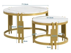 Conjunto de 2 mesas de centro encaixáveis, mesa redonda, efeito mármore, estrutura em metal dourado, D71,5x44+P51,5x37cm^ Mesa De Centro