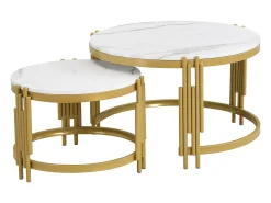 Conjunto de 2 mesas de centro encaixáveis, mesa redonda, efeito mármore, estrutura em metal dourado, D71,5x44+P51,5x37cm^ Mesa De Centro