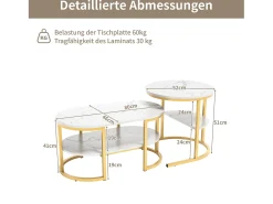 Conjunto de 2 mesas de centro escandinavas - Mesa de apoio oval com estampado de mármore e prateleiras de arrumação - Estrutura em metal - Dourado^ Mesa De Centro