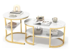 Conjunto de 2 mesas de centro escandinavas - Mesa de apoio oval com estampado de mármore e prateleiras de arrumação - Estrutura em metal - Dourado^ Mesa De Centro