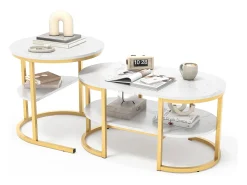 Conjunto de 2 mesas de centro escandinavas - Mesa de apoio oval com estampado de mármore e prateleiras de arrumação - Estrutura em metal - Dourado^ Mesa De Centro