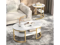 Conjunto de 2 mesas de centro escandinavas - Mesa de apoio oval com estampado de mármore e prateleiras de arrumação - Estrutura em metal - Dourado^ Mesa De Centro