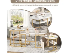Conjunto de 2 mesas de centro encaixáveis, mesa encaixável com design de mármore, estrutura de metal^ Mesa De Centro