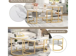 Conjunto de 2 mesas de centro encaixáveis, mesa encaixável com design de mármore, estrutura de metal^ Mesa De Centro