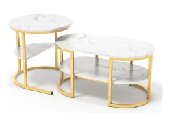 Conjunto de 2 mesas de centro encaixáveis, mesa encaixável com design de mármore, estrutura de metal^ Mesa De Centro