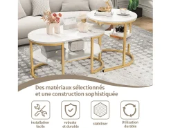 Hot Conjunto de 2 mesas de centro redondas e ovais com espaço de armazenamento, efeito mármore, e dourado. Branco