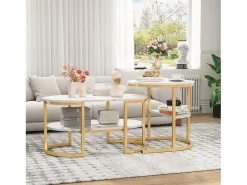 Hot Conjunto de 2 mesas de centro redondas e ovais com espaço de armazenamento, efeito mármore, e dourado. Branco
