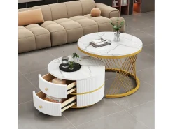 Mesa De Centro*Merax Conjunto de 2 mesas de centro redondas encaixáveis com 2 gavetas - 60x60x46cm + 50x50x30,8cm - Padrão mármore - Madeira MDF e metal - Branco + dourado Branco / Dourado